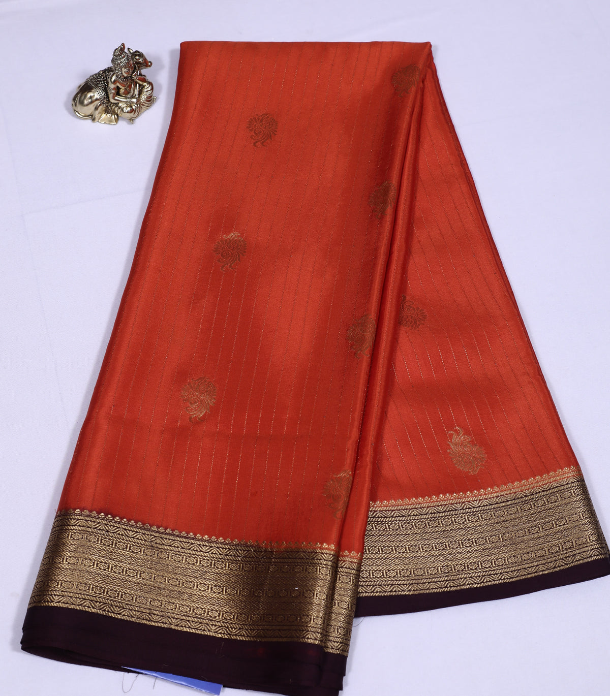 Rust Orange with Brown Checks Butta Pure Crepe Silk Saree