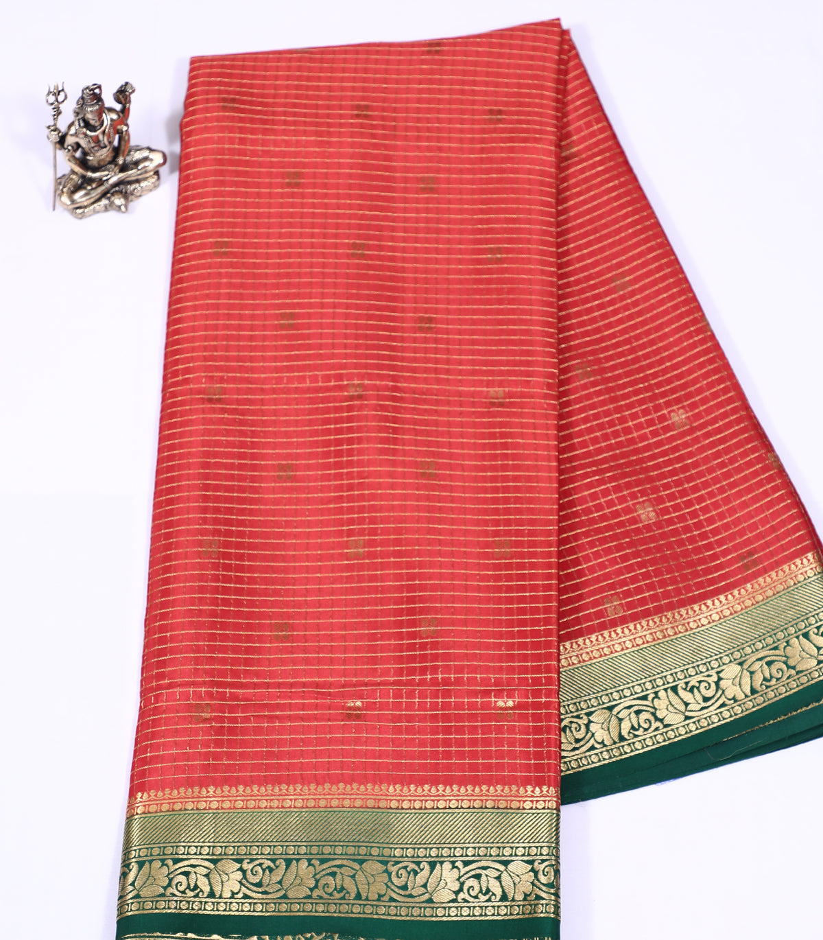 Pinkish Orange with Green Divya Checks  Butta Cont Pure Crepe Silk Saree