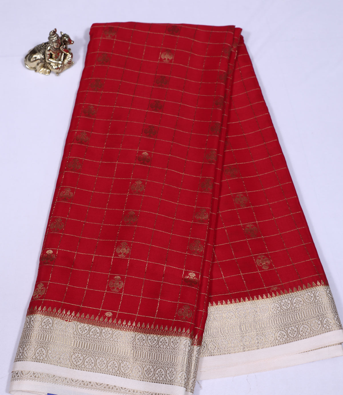 Red with Cream Checks Butta Pure Crepe Silk Saree