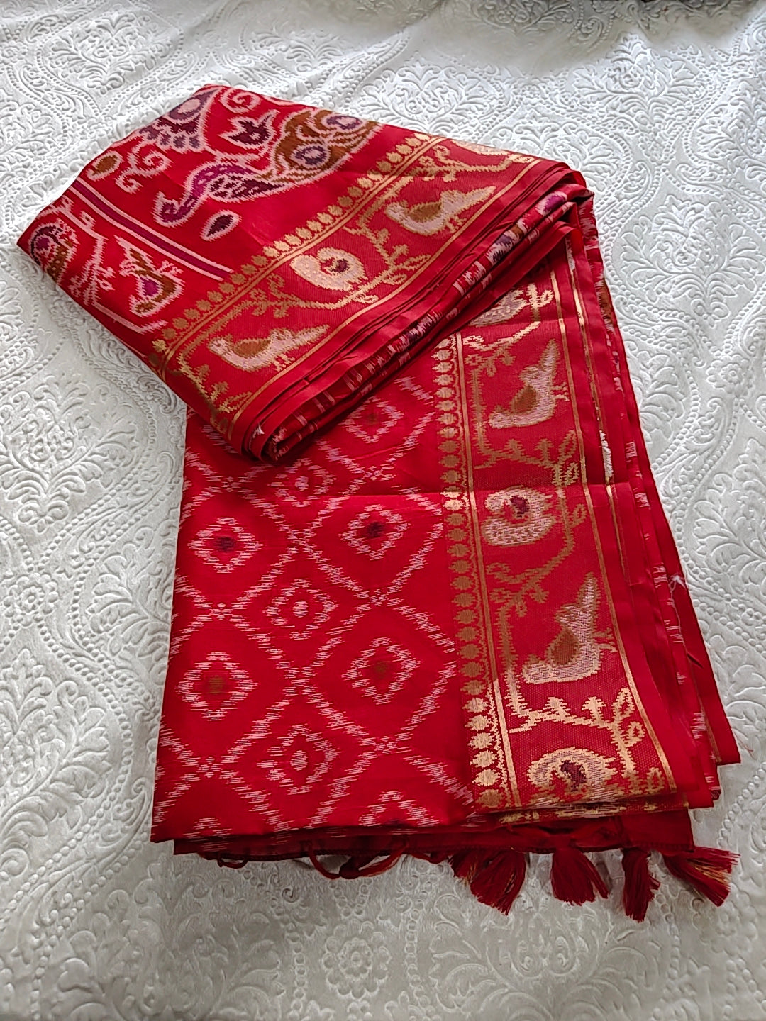 Tussar Silk Cotton Red - Ikkat style