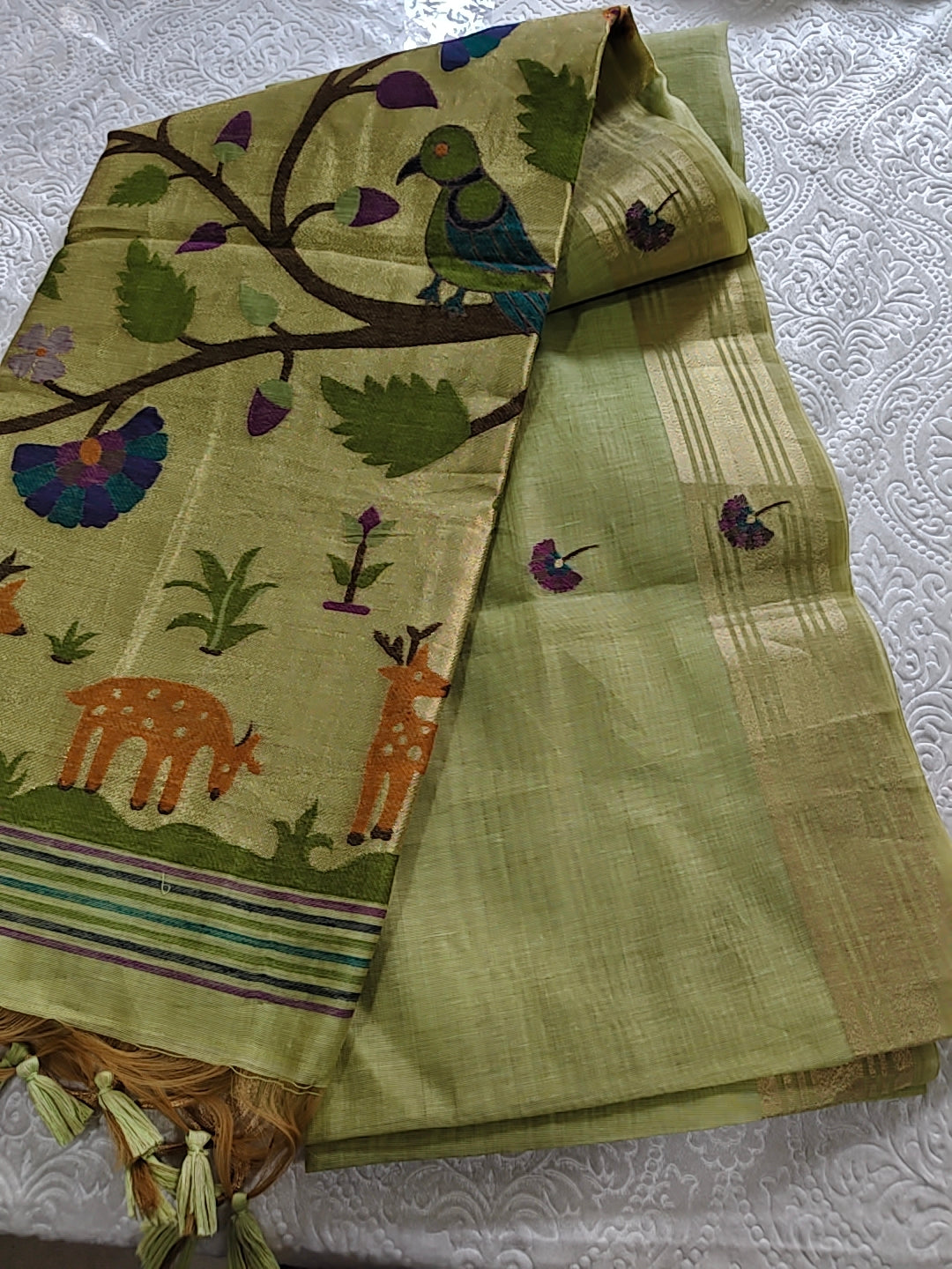 Tussar Linen Cotton Pista Green Jamdhani