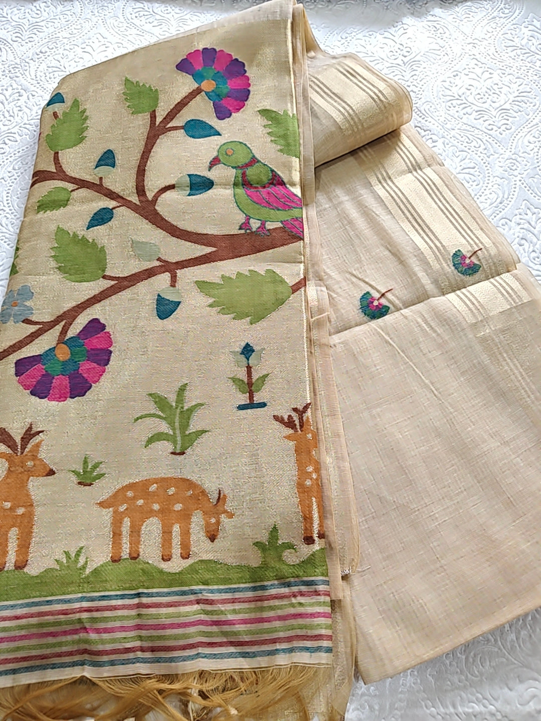 Tussar Linen Cotton Beige Jamdhani