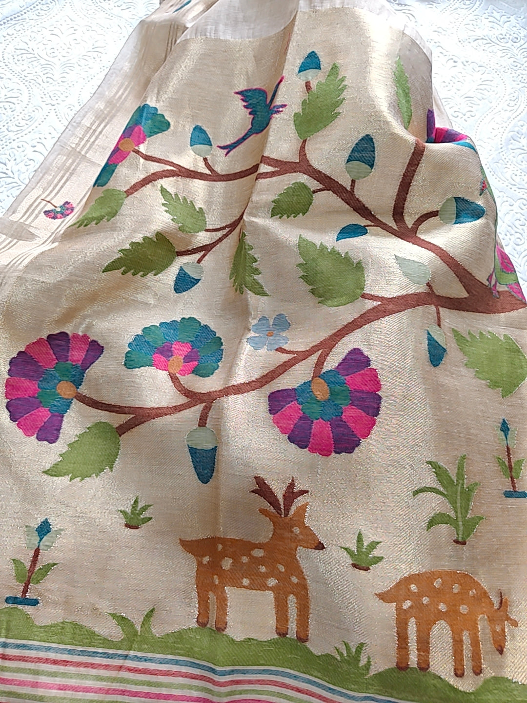 Tussar Linen Cotton Beige Jamdhani