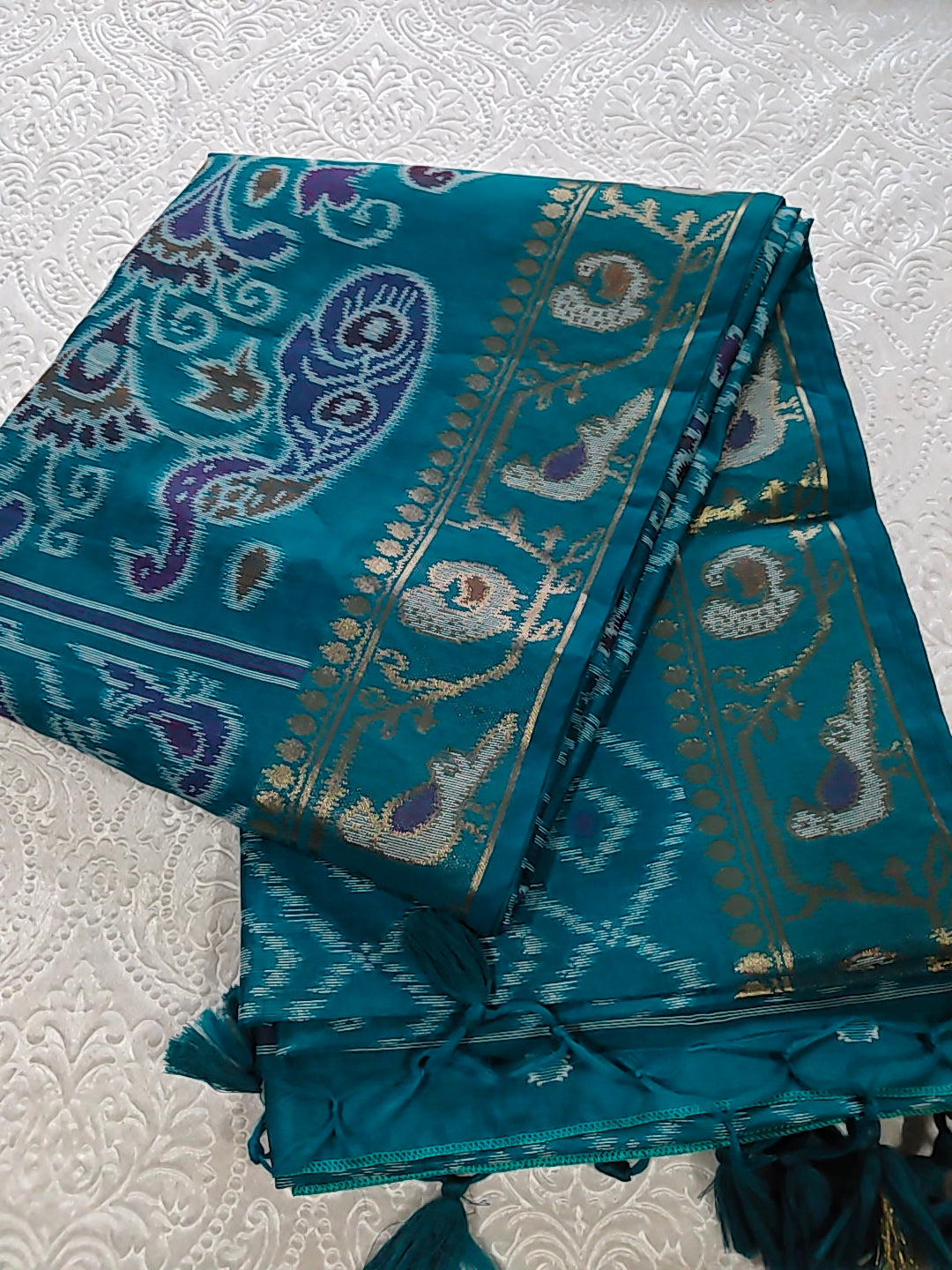 Tussar Silk Cotton Rama Green - Ikkat style