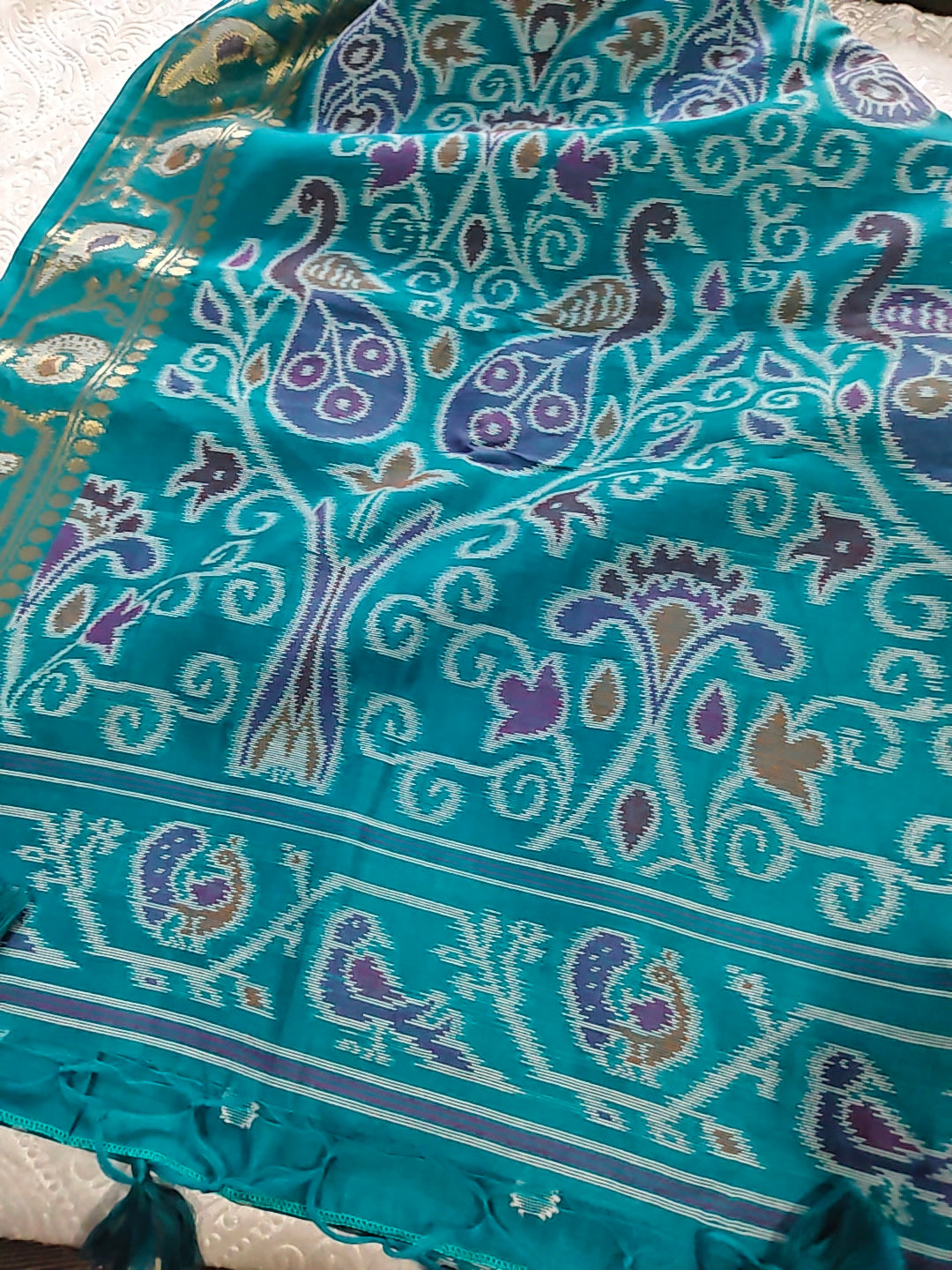Tussar Silk Cotton Rama Green - Ikkat style