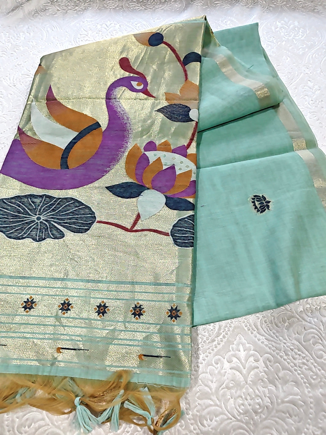 Tussar Linen Cotton Green Jamdhani