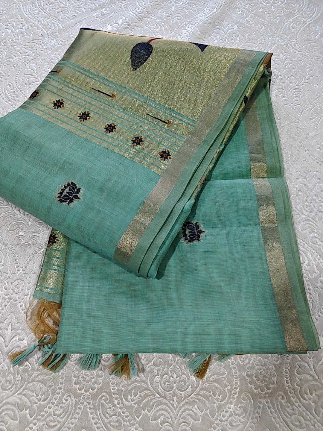 Tussar Linen Cotton Green Jamdhani