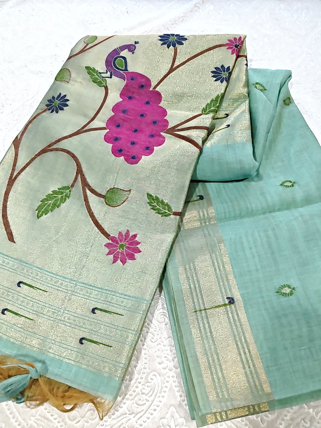 Tussar Linen Cotton Green Jamdhani