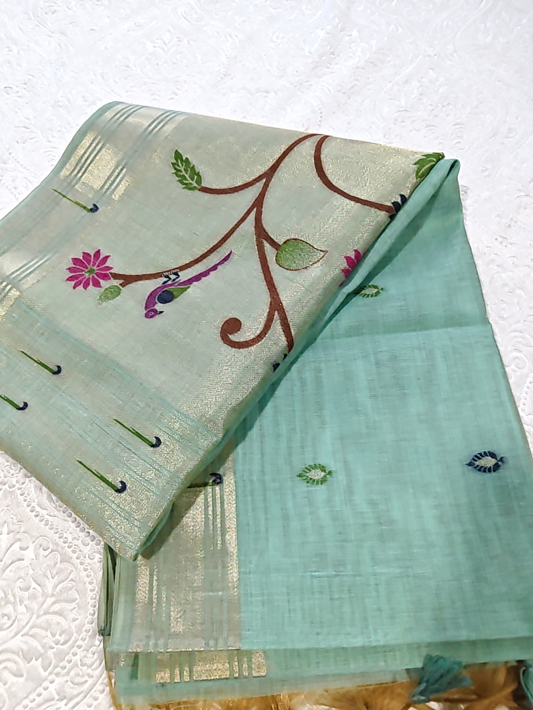 Tussar Linen Cotton Green Jamdhani
