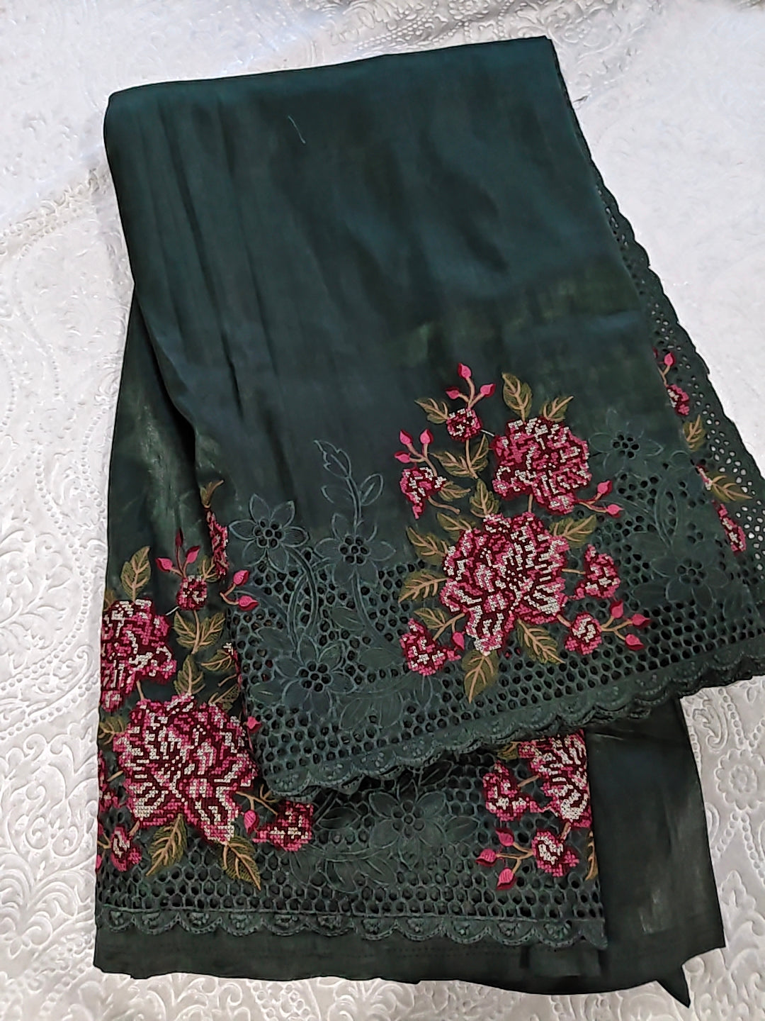 Tussar Silk Dark Green - Embroidery & Cut work