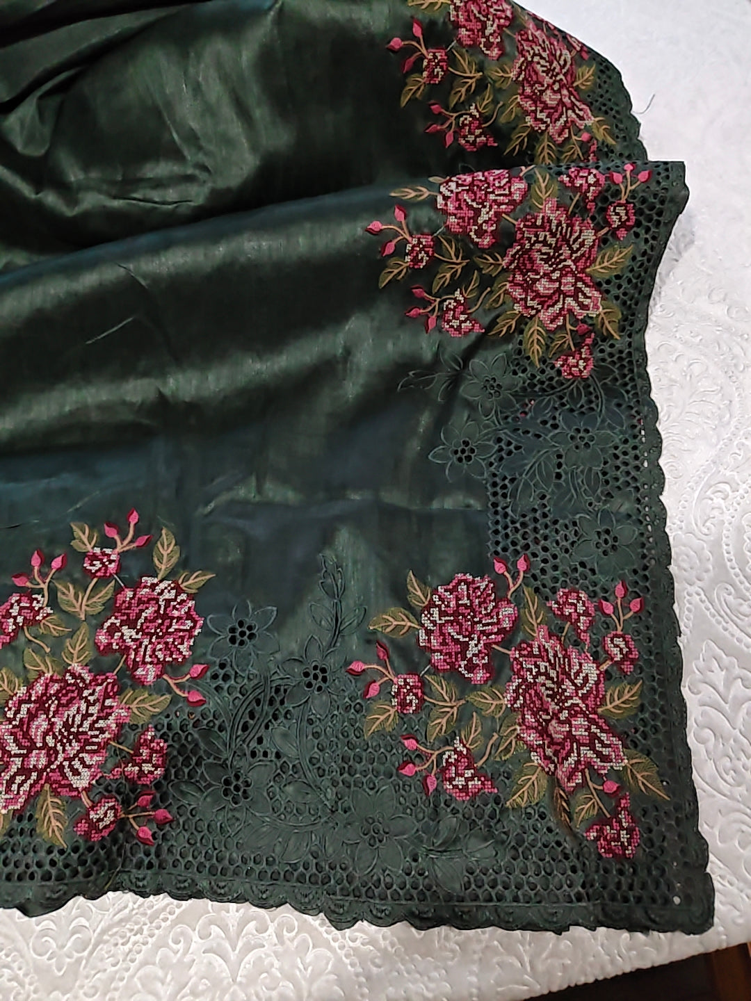 Tussar Silk Dark Green - Embroidery & Cut work