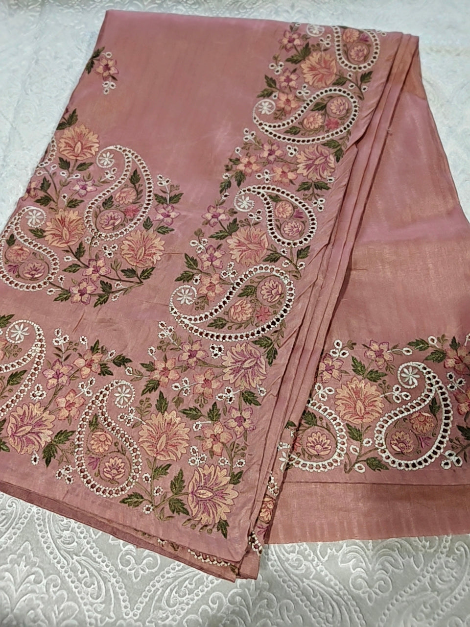 Tussar Silk Peach - Embroidery & Cut work