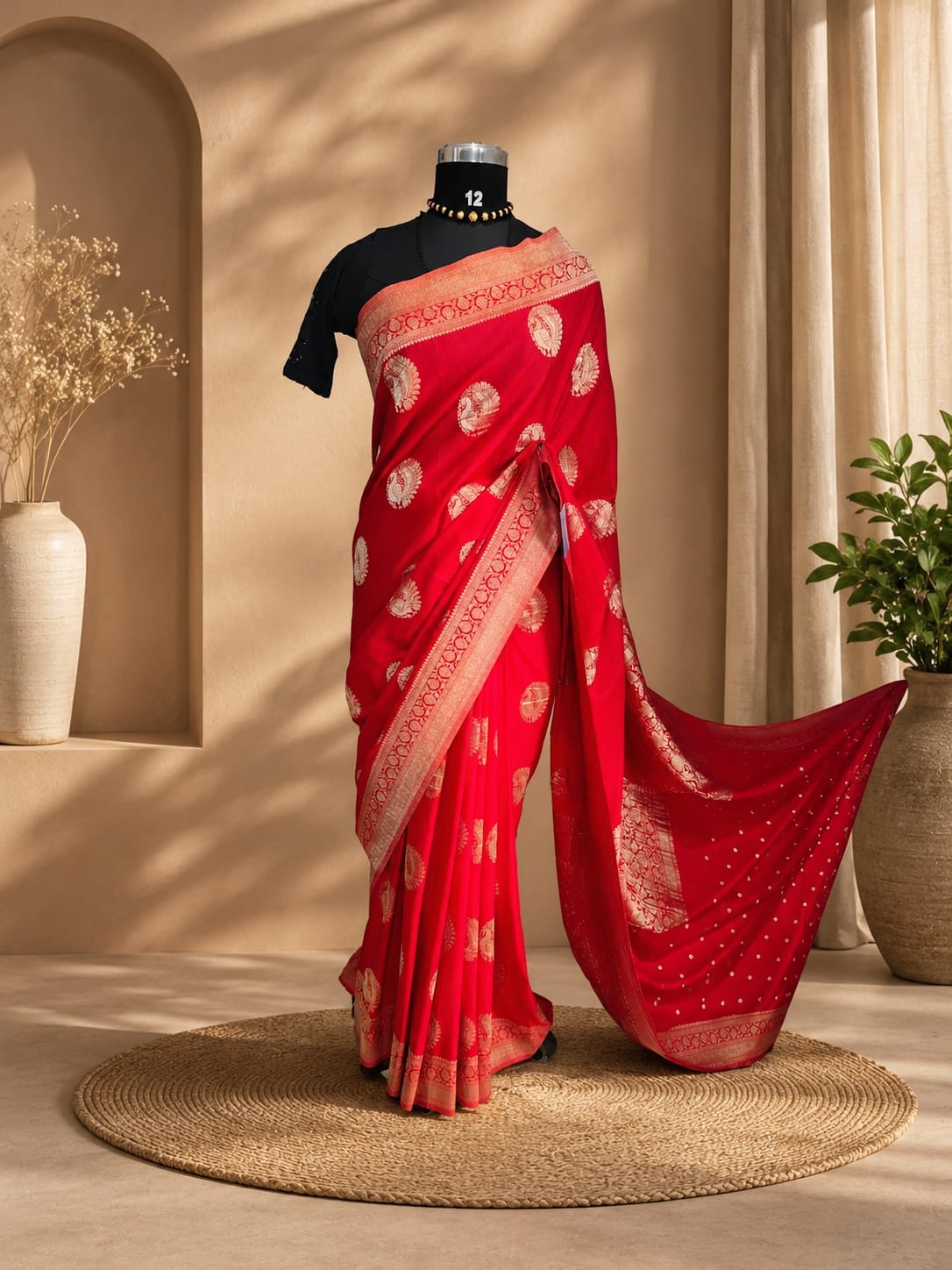 Red with Peacock motif Banarasi Crape