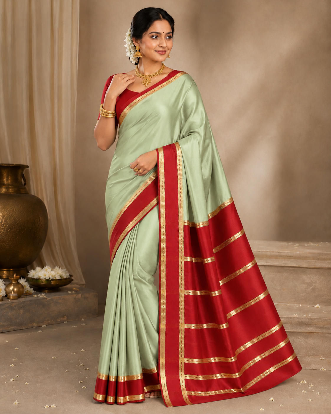 Green with Orange Veda Btx Cont Pure Crepe Silk Saree