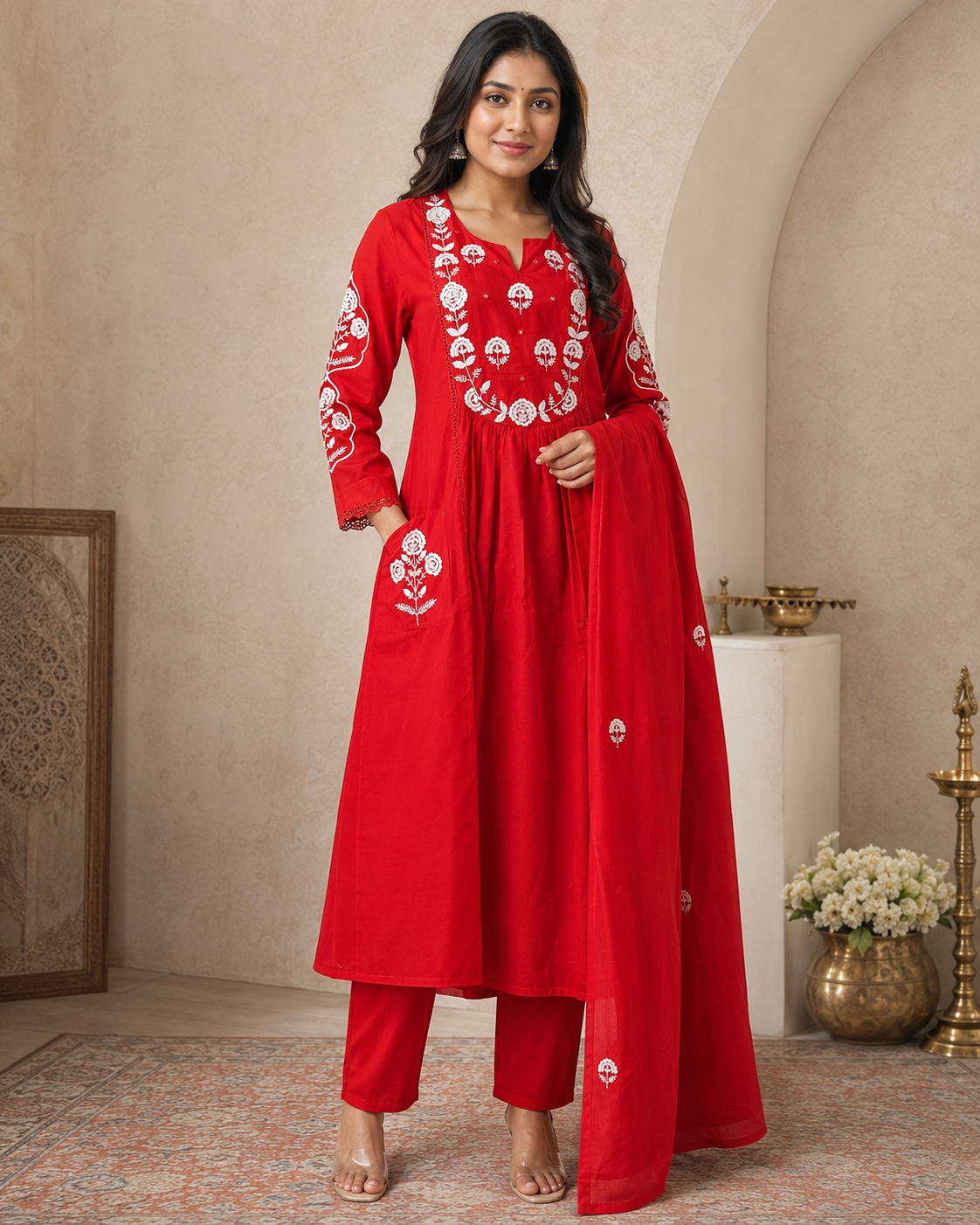 MulCotton Rust Orange with Embroidery 3 piece Suite