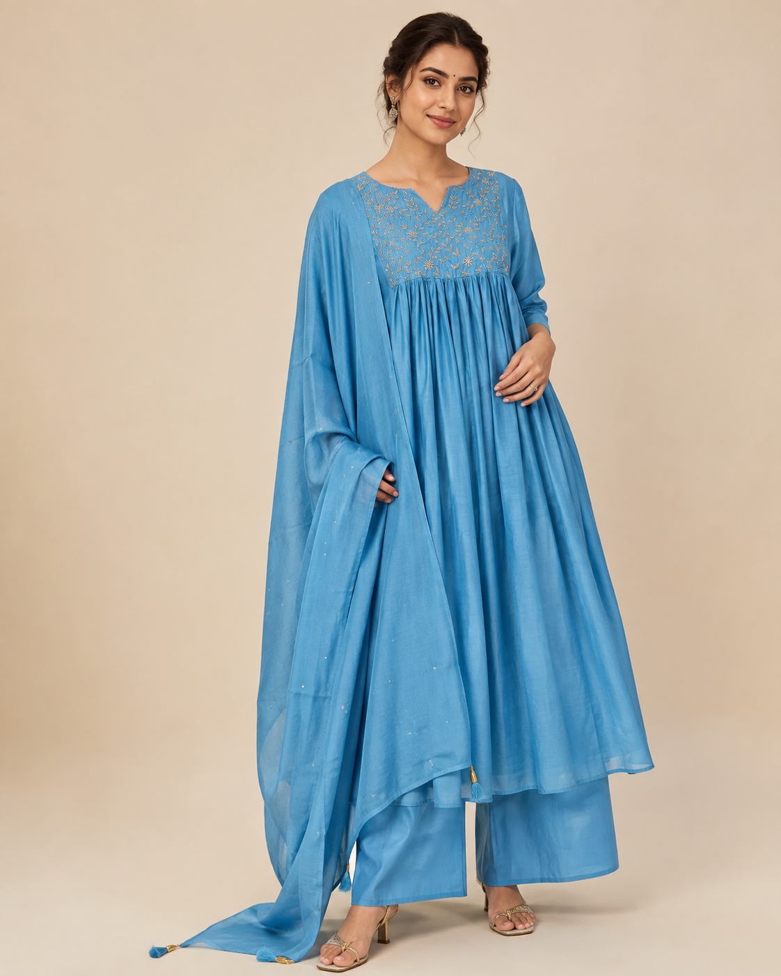 MulCotton Sky Blue with Embroidery 3 piece Suite