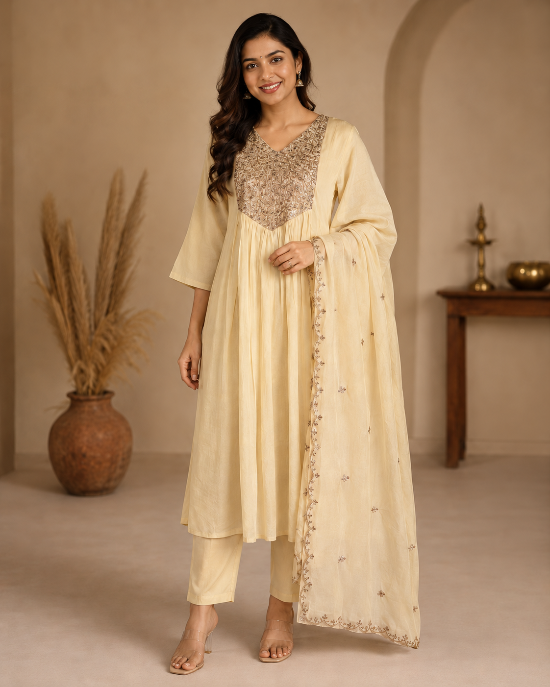 MulCotton Cream with Sequence work 3 Piece Suite