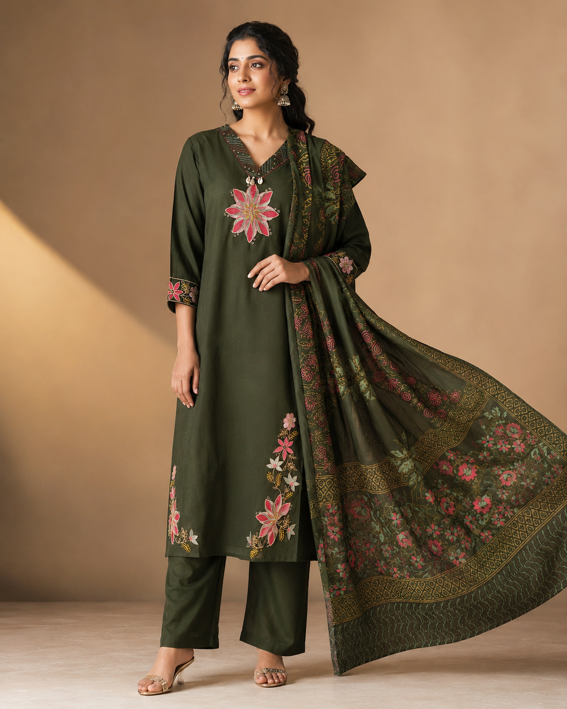 Cotton Green with Embroidery 3 piece Suite
