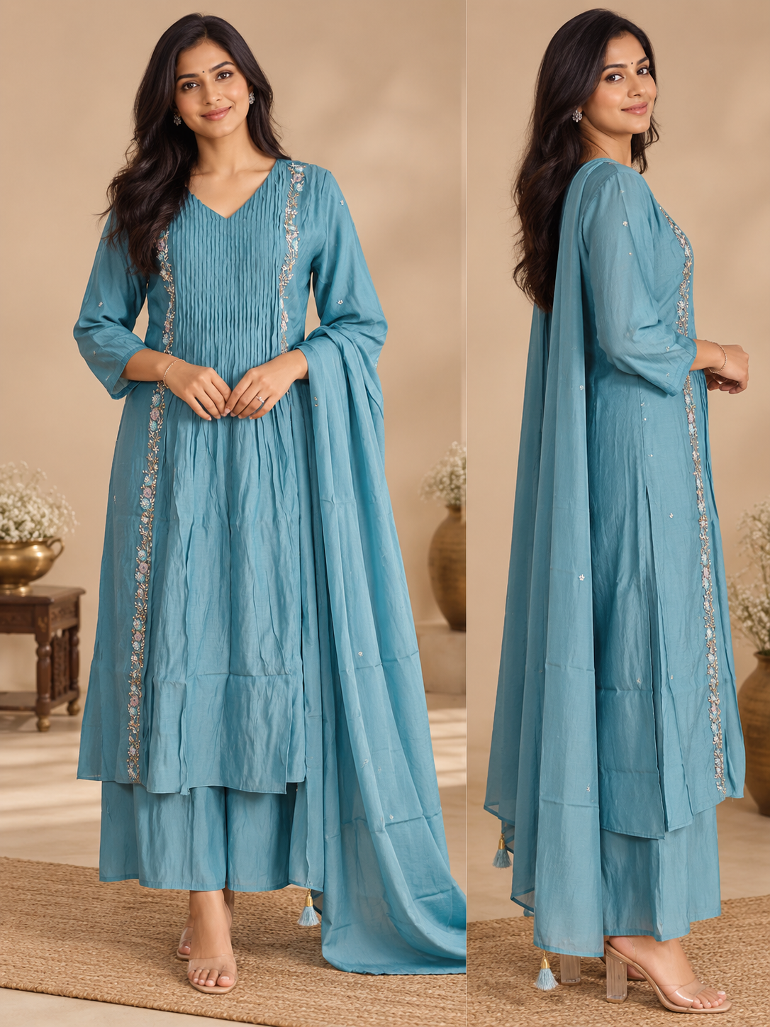 MulCotton IceBlue with Sequence Work 3 piece Suite