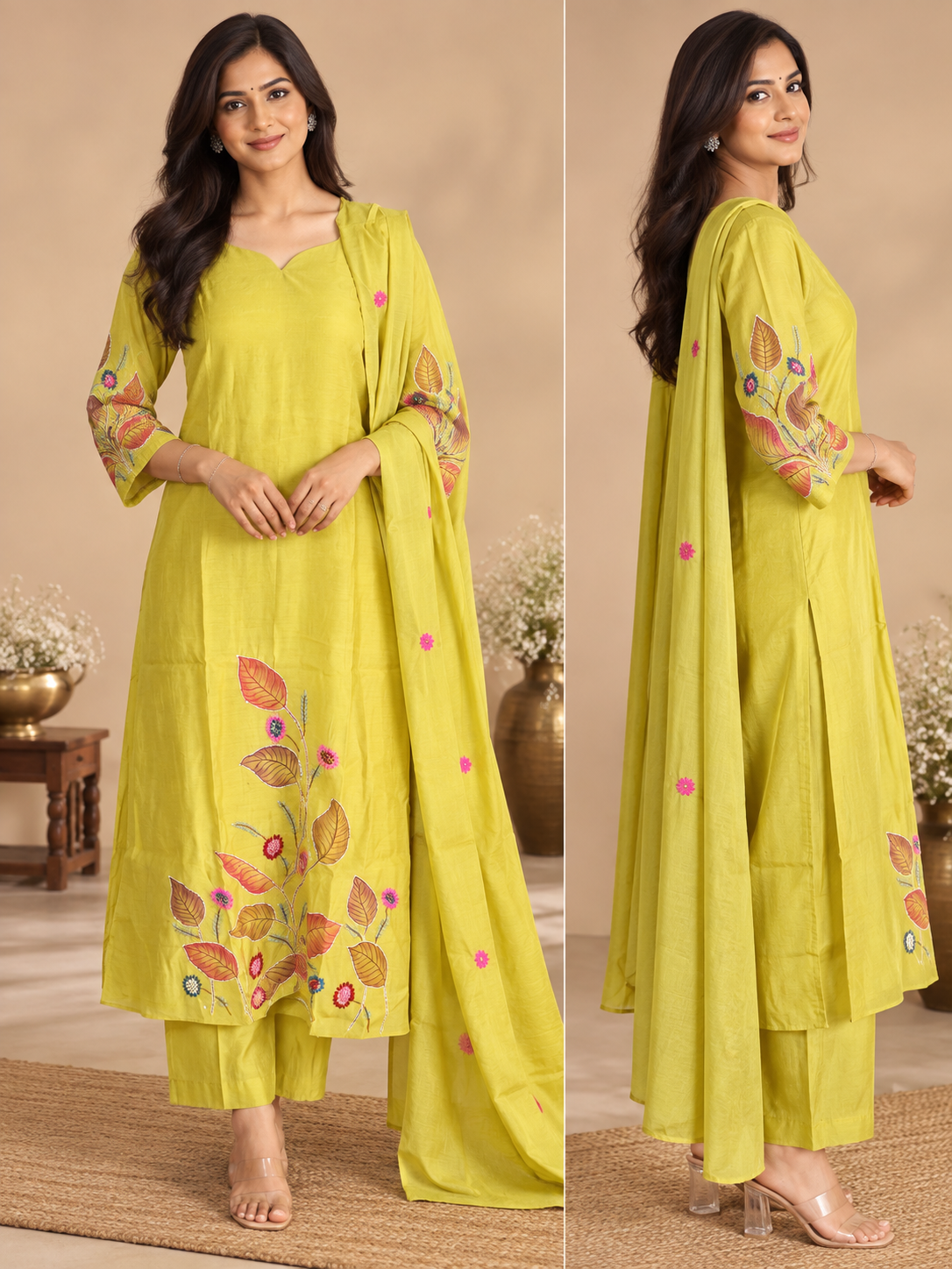 Cotton Musturd Yellow with Hand paint & Embroidery 3 piece Suite