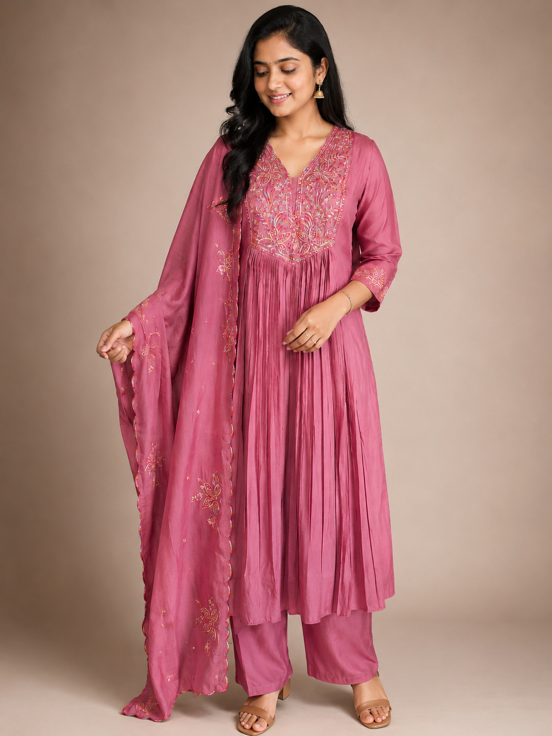 MulCotton Peach Pink with Embroidery 3 piece Suite