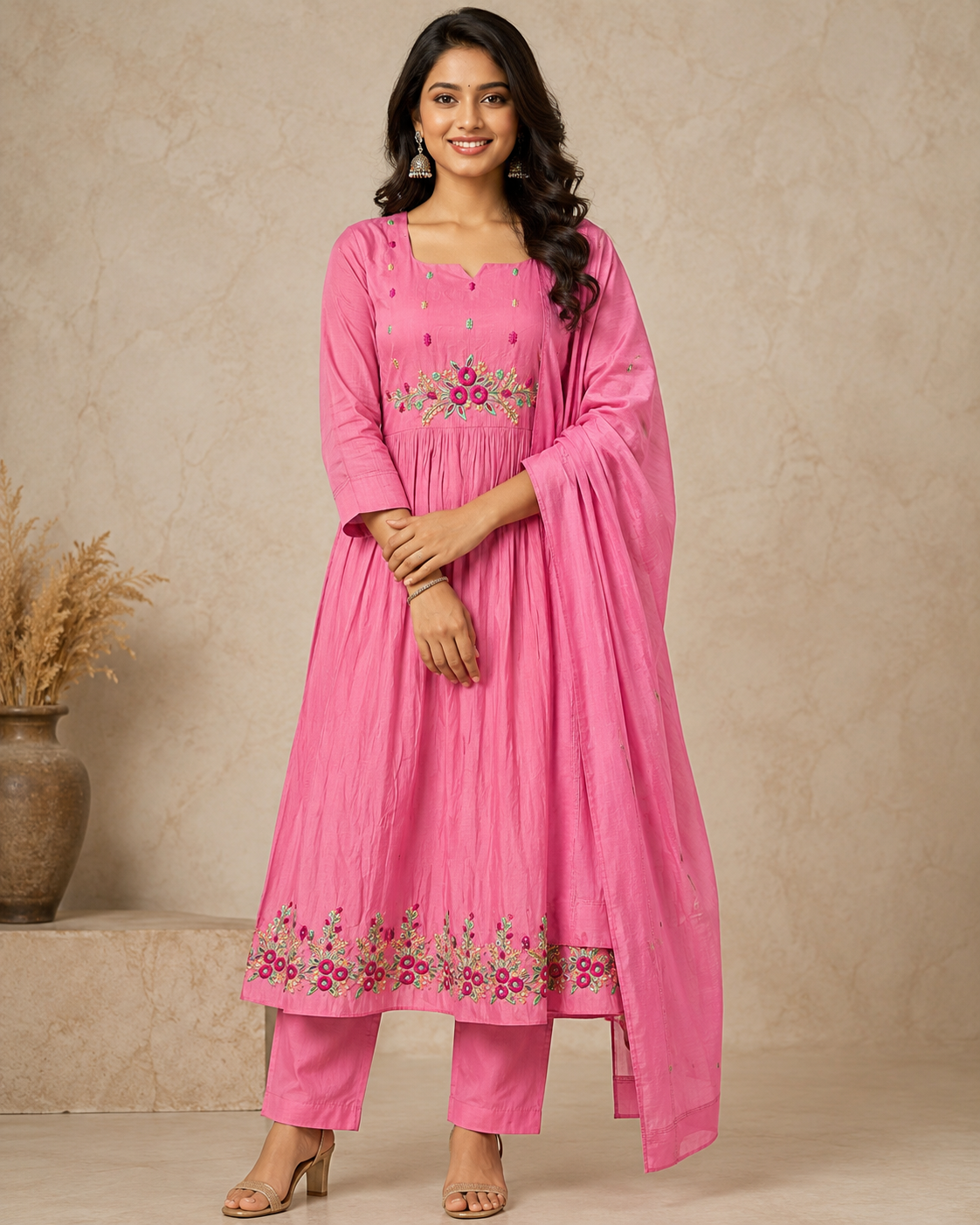 MulCotton Pink with Embroidery 3 piece Suite