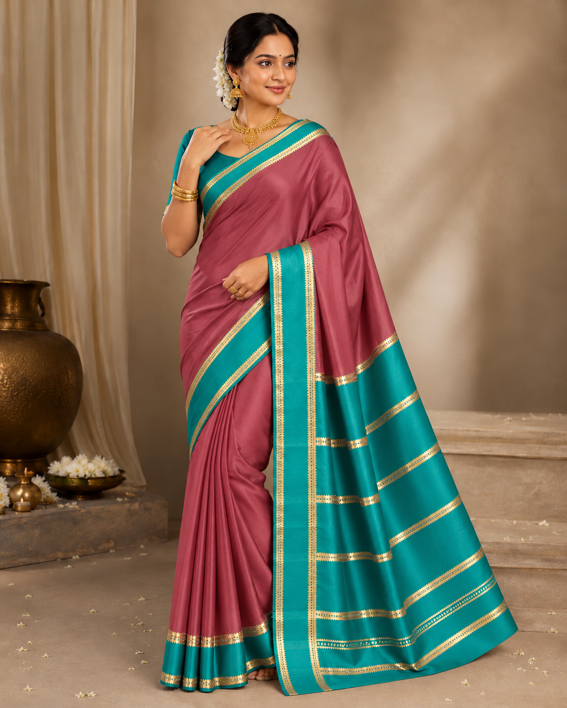 Snuff with Green Veda Btx Cont Pure Crepe Silk Saree