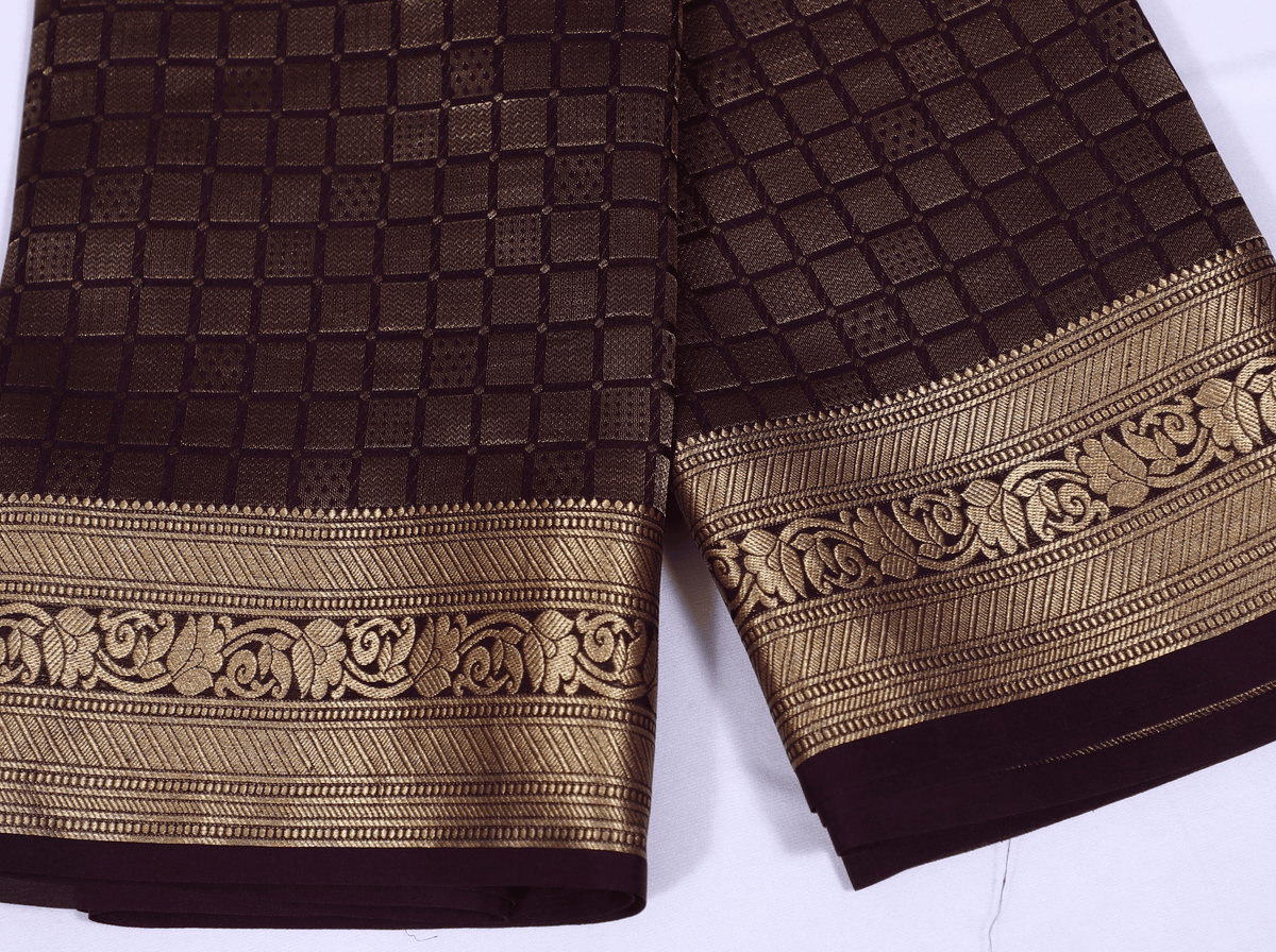 Brown Self Zari Brocade Pure Crepe Silk Saree