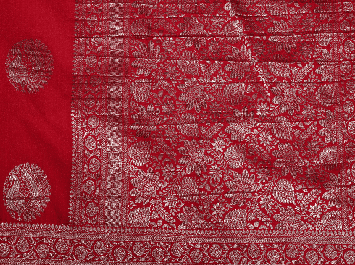 Red with Peacock motif Banarasi Crape