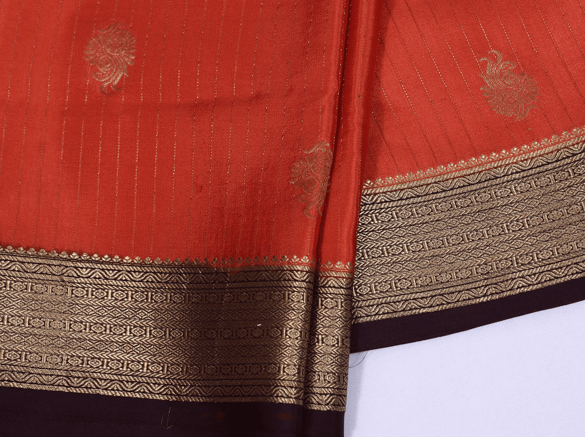 Rust Orange with Brown Checks Butta Pure Crepe Silk Saree