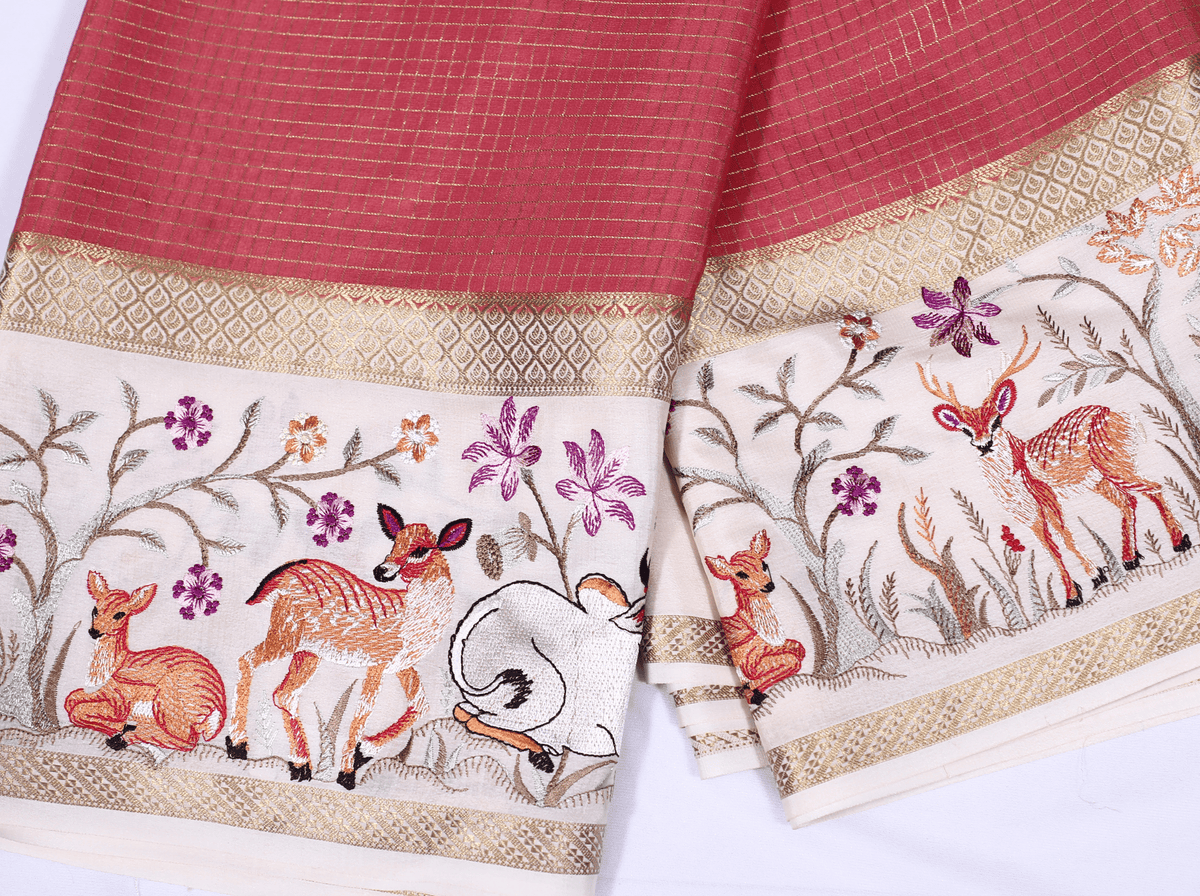 Peach Check Emb Work Pure Crepe Silk Saree