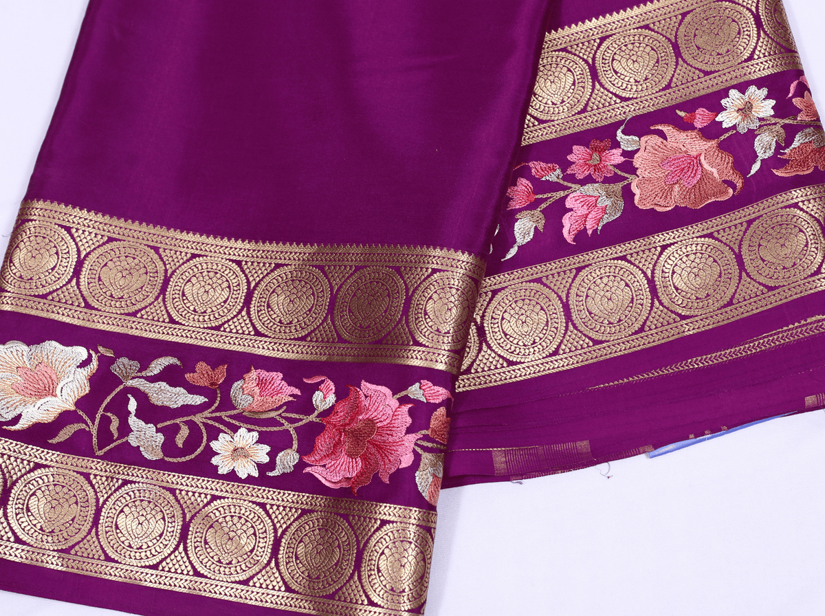 Lavender Self Plain Emb Work Pure Crepe Silk Saree