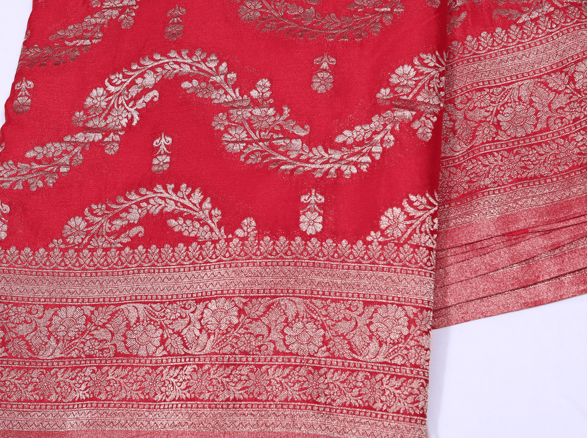 Red with Silver Zari Banarasi Crape