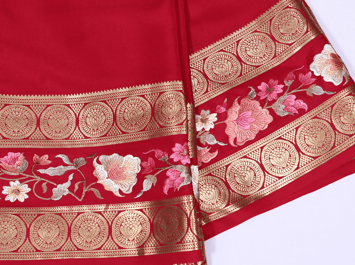 Red Self Plain Emb Work Pure Crepe Silk Saree