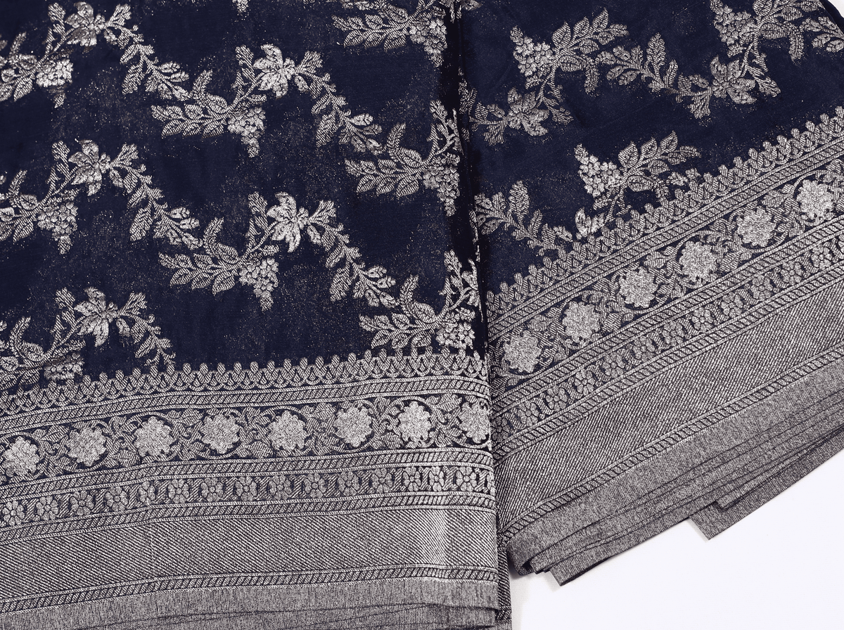 Navy Blue with Silver Zari Banarasi Crape